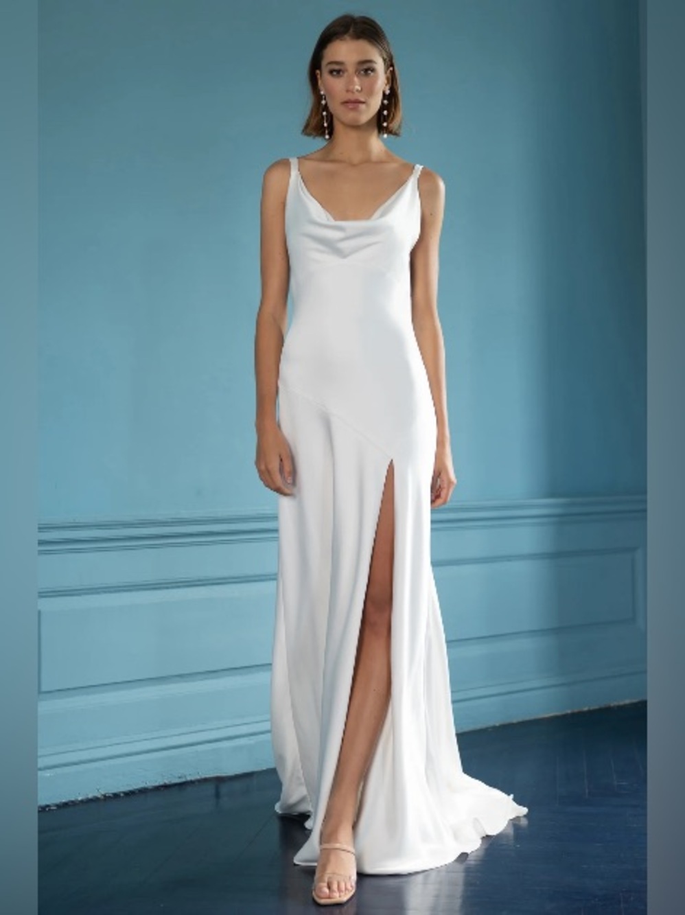 Jenny by Jenny Yoo Mae Satin Drape Cowl Neck Bridal Gown Ivory White 10